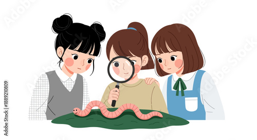 Three young girls examining a large pink worm with a magnifying glass on a green surface illustration