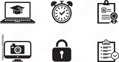 Modern remote exam silhouette icons pack with six symbols laptop-based test, online proctoring camera, exam timer, secure browser lock, submit button, exam result notification