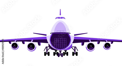 Large commercial airplane positioned on a runway viewed from the front with landing gear down