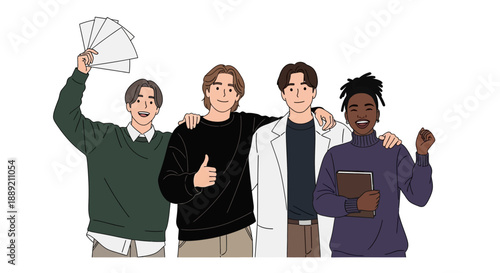 Four diverse young men standing together, celebrating success with cards and gestures, illustration style, modern friendship, casual clothing, happy expressions