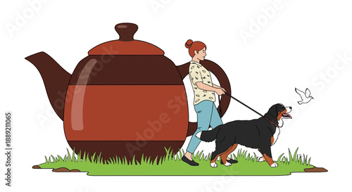 Woman walking dog beside oversized teapot in a whimsical green field illustration