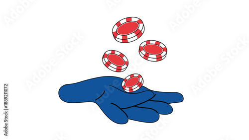 A hand tossing red and white poker chips into the air