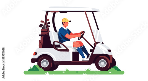 Man driving golf cart on grassy terrain with golf clubs, viewed from the side, illustration