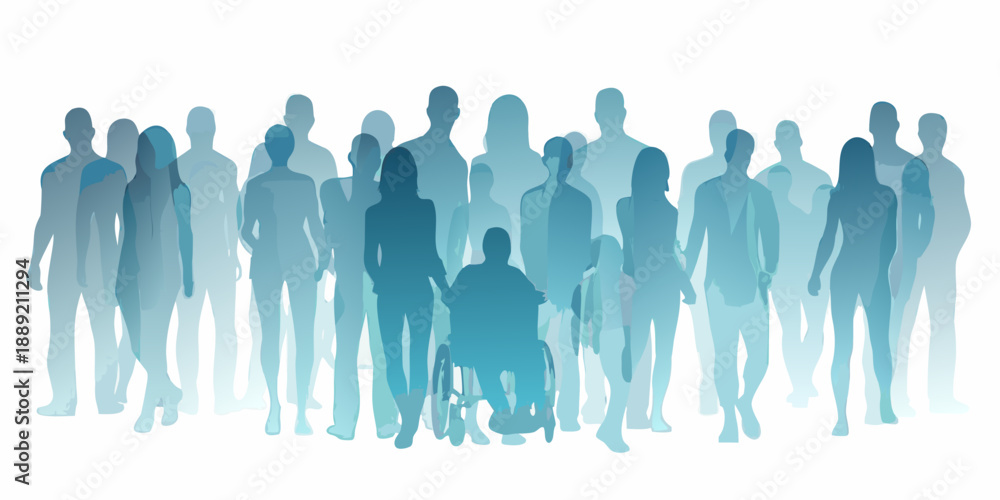 Naklejka premium A diverse group of blurred figures including a person in a wheelchair