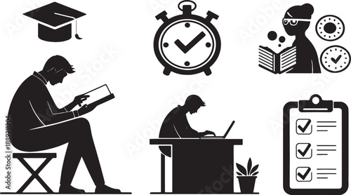 Six black silhouette icons representing student focus and time management student reading book, pomodoro study timer, daily study planner