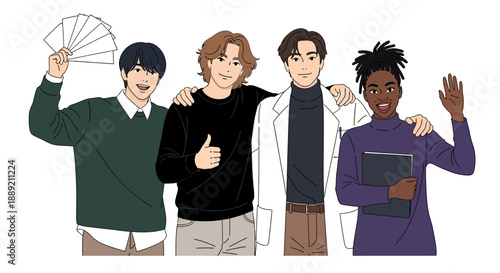 Four diverse young adults standing together in a friendly gesture, showcasing unity and diversity in a modern illustration style, moli reference used