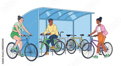 People parking bicycles under a modern shelter with transparent roof, outdoor scene, illustration view