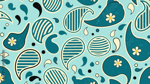 Vibrant teal and cream abstract floral pattern with leaves, flowers, and shapes