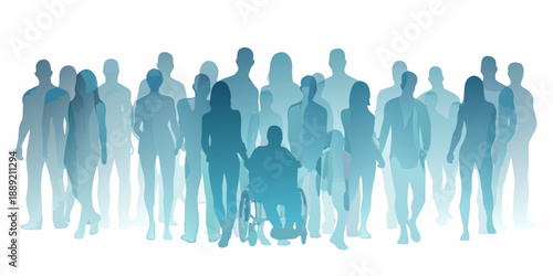 A diverse group of blurred figures including a person in a wheelchair