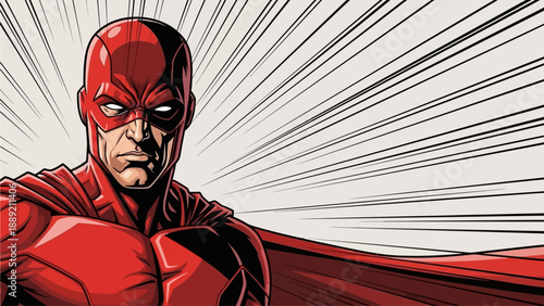 Daring superhero in red costume, cloak flowing, bursting forward with intense energy and dynamic movement