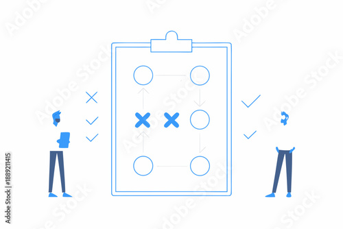 Two figures contemplate a tic tac toe board with a nearly completed game