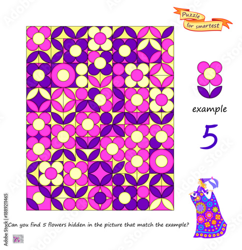 Can you find 5 flowers hidden in the picture that match the example? Logic puzzle game for children and adults. Game Seek and Find. Task for attentiveness. Brain teaser book. Hand drawn vector image.