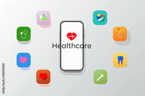 A smartphone displaying healthcare icons and related colorful circular designs