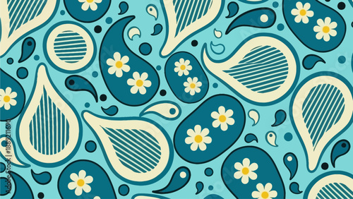 A vibrant floral pattern featuring moli designs, with teardrop shapes and flowers on a simple background