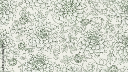 Floral pattern with intricate flowers and foliage in a serene illustration