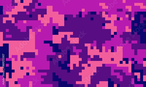 Abstract pixel art background.  Vibrant pink, purple, and navy blue digital camouflage pattern.  Ideal for website banners, tech designs, and modern presentations.