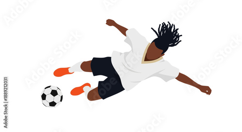 Man kicking soccer ball in mid-air viewed from above in a dynamic illustration
