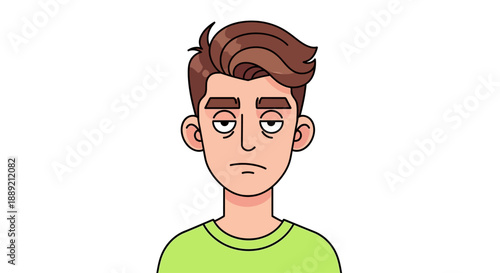 A cartoon man with a sad expression is depicted from the front viewpoint wearing a green shirt