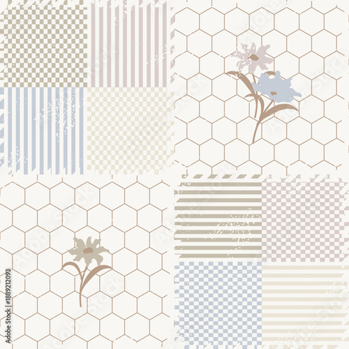 Decorative patchwork pattern cottagecore rustic style in light blue beige colors