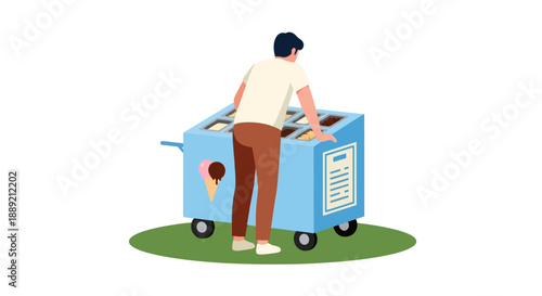 Man rummages through a blue cart on wheels with an ice cream cone emblem in a grassy area illustration