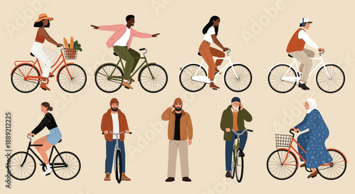Diverse people riding bicycles in various poses and styles on a neutral background from different viewpoints