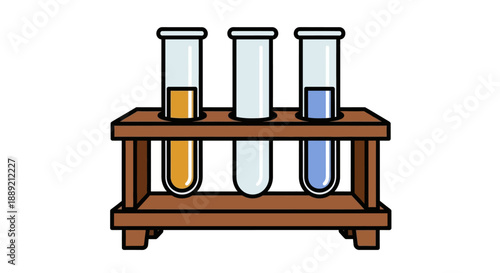 Laboratory test tubes with colored liquids on a wooden rack in a scientific setting