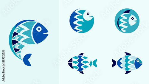 Stylized blue fish illustrations in varying orientations and designs