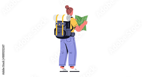 A young traveler with a backpack holding a plant, standing in a relaxed pose, viewed from the side