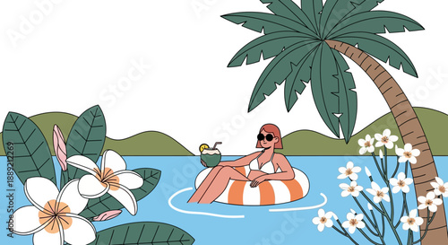 Woman relaxing on a striped inflatable raft in a serene lake surrounded by lush greenery and vibrant flowers