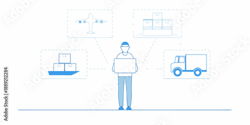 Logistics and transportation network illustrated with a delivery worker and icons
