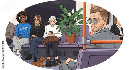 People sitting together on a bus with a plant and dog nearby viewed from behind