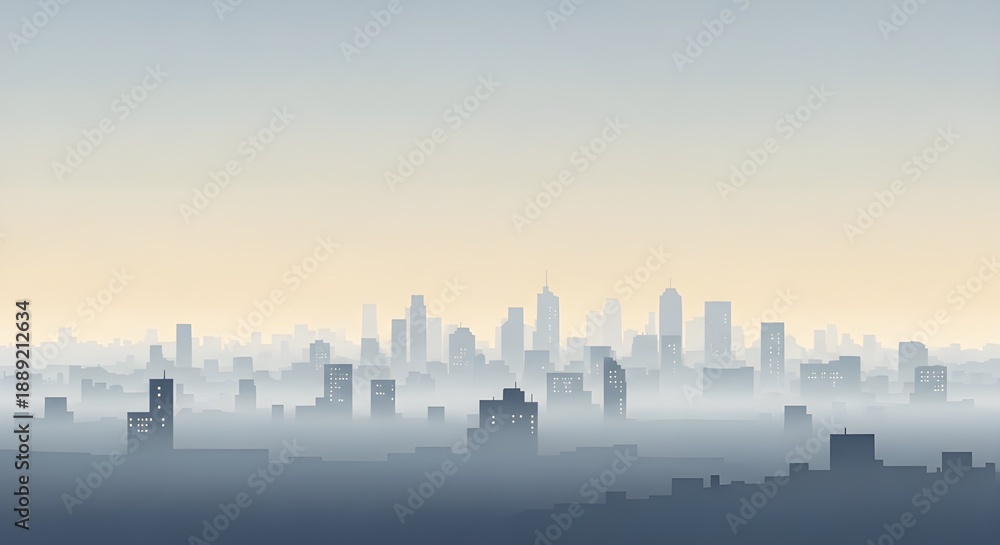 Obraz premium Misty cityscape panorama with silhouetted skyscrapers at dawn or dusk