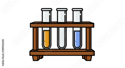 Laboratory test tubes with colored liquids in a wooden rack on a plain background