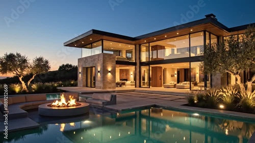 Wallpaper Mural Modern glass-walled villa with warm interiors, pool, fire pit, and manicured grounds at dusk, serene Torontodigital.ca