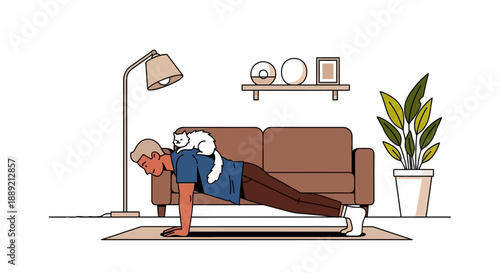 Elderly man doing push-up on yoga mat in living room with furniture and plants around him from a side viewpoint