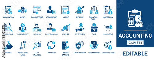 Accounting and Financial Management icon set. Includes symbols for Payroll, Profit and Loss, revenue, and Budgeting. Solid vector icons for business tax, bookkeeping, and financial services.