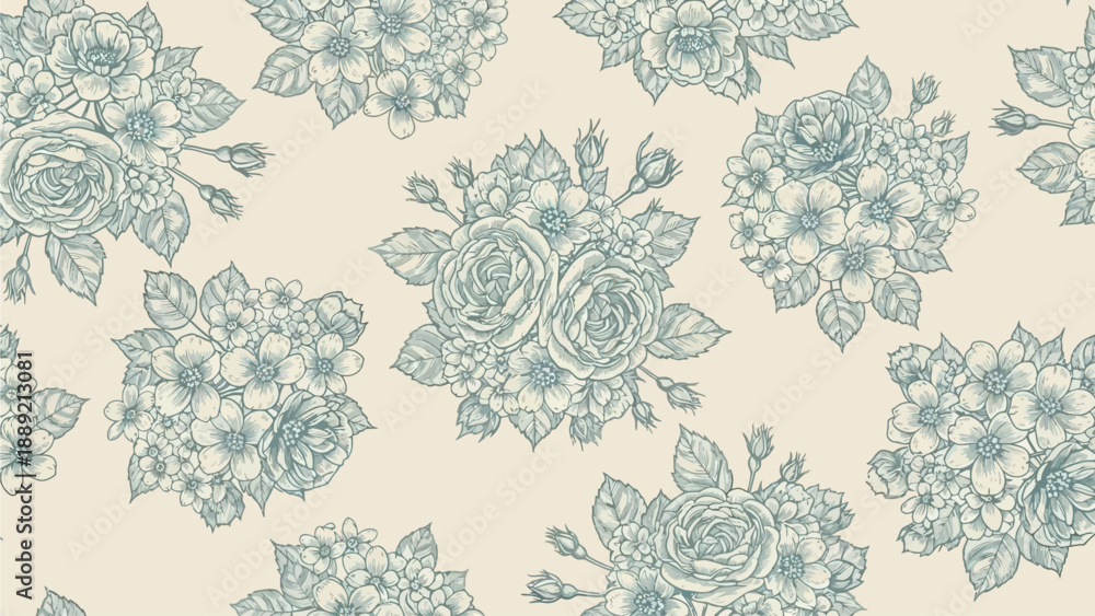 Fototapeta premium A seamless pattern of intricately designed blue floral motifs on a soft, neutral background viewed from directly above