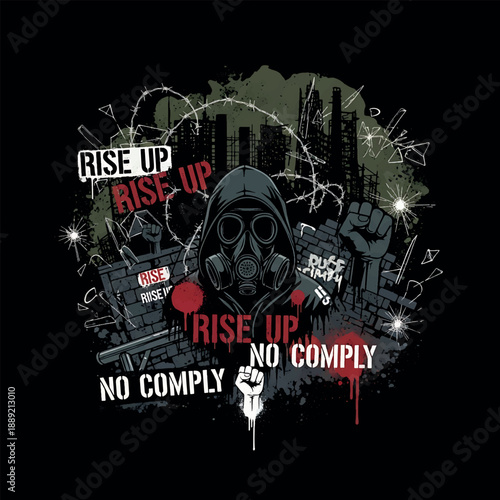 Rise Up Rebel Gas Mask T Shirt Grunge Vector for Street Protest Apparel