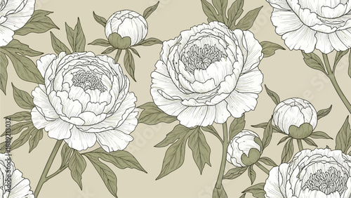 Elegant Floral Pattern Featuring White Peonies and Leaves on a Soft Beige Background Illustration