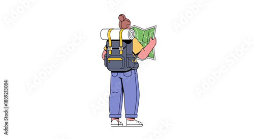 A person carrying a large bag and backpack standing alone from a rear viewpoint