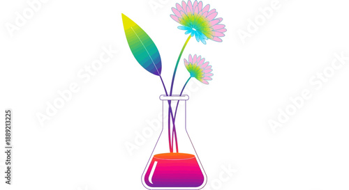 Vibrant Rainbow Flowers and Leaves in a Laboratory Flask