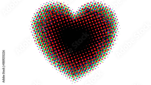 Heart shape formed by multicolored dots on white background, viewed directly from the front, showcasing digital illustration