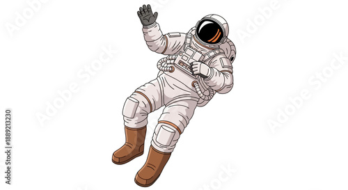 Astronaut floating in space with a wave, viewed from above, in a digital illustration