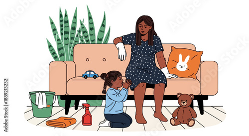 Mother and daughter playing with toys on a couch in a cozy living room scene