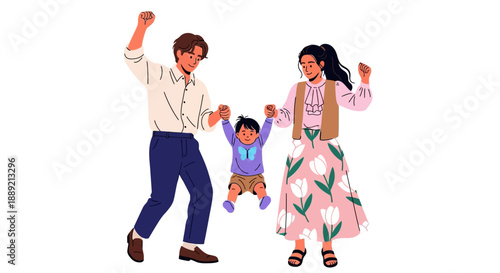 Happy family of three dancing together with joyful expressions in a lively scene