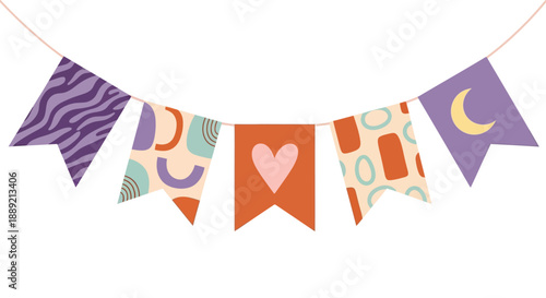Colorful banner with hearts and moons hanging from a string in a festive atmosphere.
