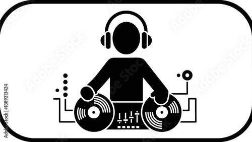 DJ performing with headphones and vinyl records in a minimalist setup illustration