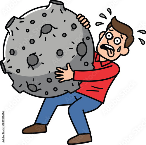 Cartoon character lifting heavy moon, humorous struggle and exaggerated emotion - flat vector illustration