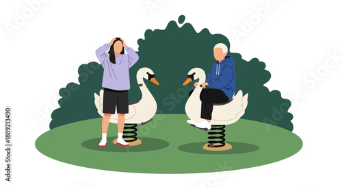 Couple playing on swan-shaped playground equipment in a serene park setting, captured from a slightly elevated viewpoint
