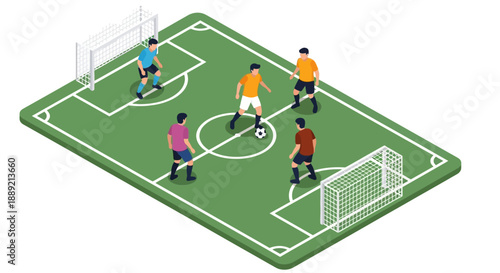 Top view of soccer players in action on a green field with white markings and goals